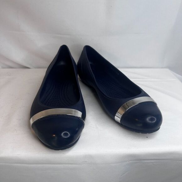 CROCS Navy Blue Silver Mirror Cap Toe Slip On Ballet Flat Size W8 - Picture 4 of 11